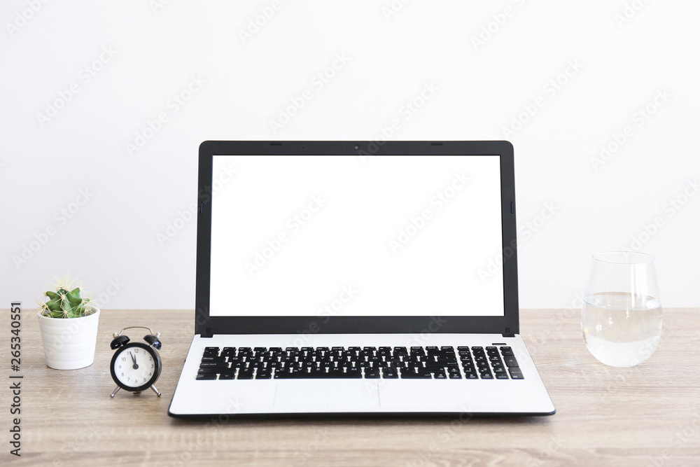 Flat lay on white wooden workspace with laptop computer, cell phone gadget, supplies, mini alarm clock & black coffee. Wood textured office desk. Deadline concept. Copy space, background, top view. Flat lay on white wooden workspace with laptop computer, cell phone gadget, supplies, mini alarm clock & black coffee. Wood textured office desk. Deadline concept. Copy space, background, top view.