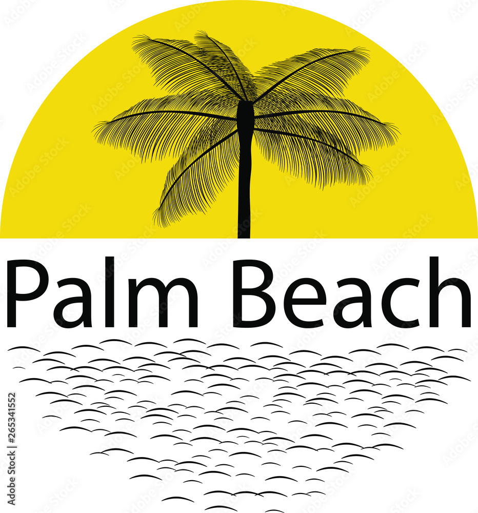 Logo template sunset beach, palm trees and ripples on a water. The round label with lettering of a sea and ocean landscape.