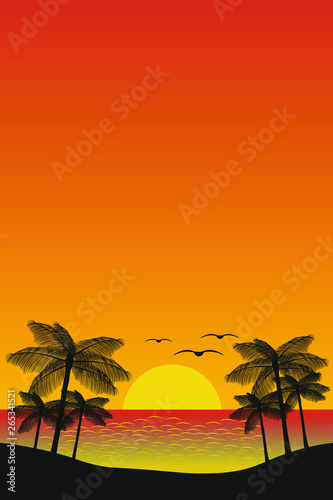 Red sunset on the beach, palm trees and clear sky. The background of  sea and ocean landscape, ripples on the water.
