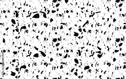 Unique terrazzo flooring vector seamless pattern in black and white. Texture composed of natural stone, glass, quartz, concrete, marble, quartz. Background