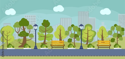 Cartoon spring or summer park panorama. Green city parks road street with trees outdoor walkway bench. Panoramic landscape June, July colorful vector background