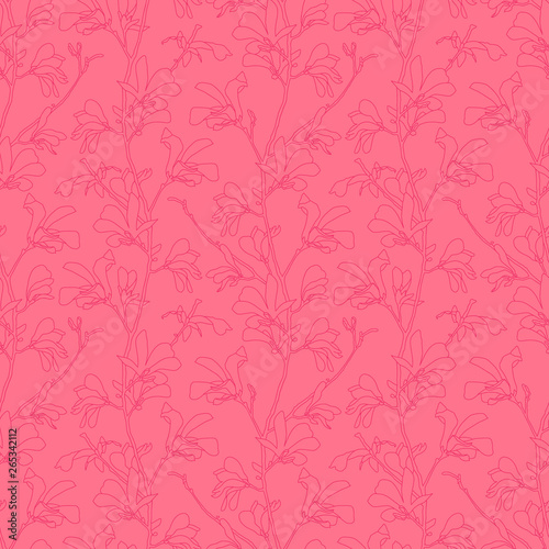 Seamless pattern with magnolia tree blossom. Pink floral background with branch and magnolia flower. Spring design with big floral elements. Hand drawn botanical illustration.