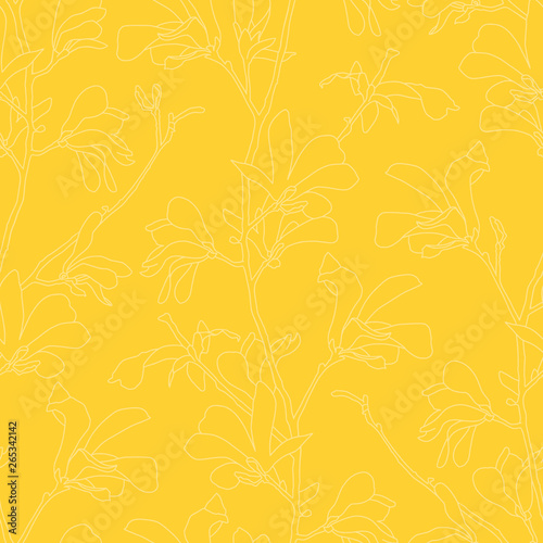 Seamless pattern with magnolia tree blossom. Yellow floral background with branch and magnolia flower. Spring design with big floral elements. Hand drawn botanical illustration.