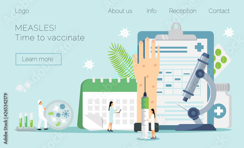 Measles, rubeola vaccination. Time to vaccinate. Iillustration syringe with vaccine, bottle, vaccination calendar and doctors. Modern vector illustration concepts for website, apps.