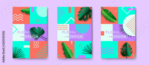 floral poster brochure flyer creative design with tropical leaves geometric shapes