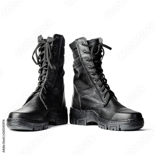 Black high boots. Army laced boots. Isolated on white background