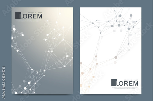 Modern vector template for brochure, leaflet, flyer, cover, banner, catalog, magazine, or annual report in A4 size. Futuristic science and technology design. Geometric graphic background molecule