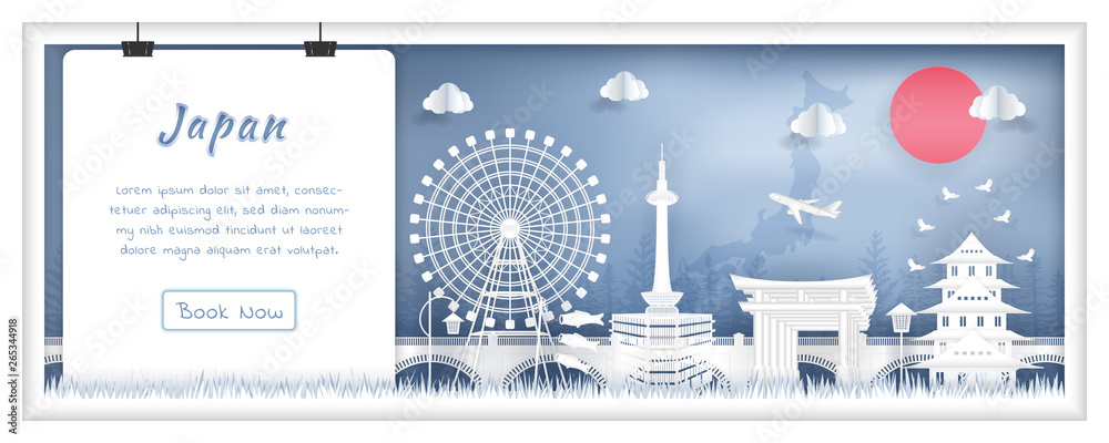 Famous Travel Landmark and Attraction in Japan, Postcard, Poster, Banner, Cover Image, Advertising Template, Object and Element in Paper Cut and Origami Style Panorama Background Vector Illustration