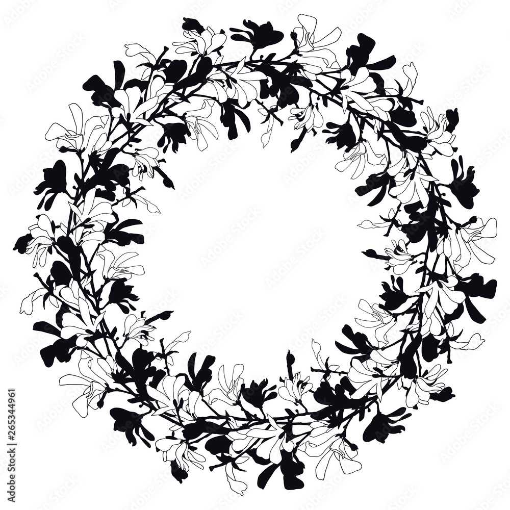 Floral frame with magnolia tree blossom in black and white. Background with branch and magnolia flower. Spring wreath design with floral elements. Hand drawn botanical illustration.