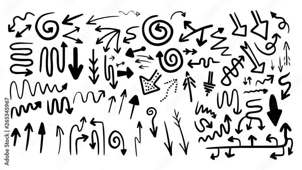 Big set of different hand drawn arrows. Directions and forms. Cartoon minimalism style Big set of different hand drawn arrows. Directions and forms. Cartoon minimalism style