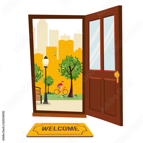 Wood brown door with view of park urban landscape. Outside freen trees, skyscrapers silhouettes. Hot summer cityscape with bench, lantern, cyclist. Flat cartoon vector on white background
