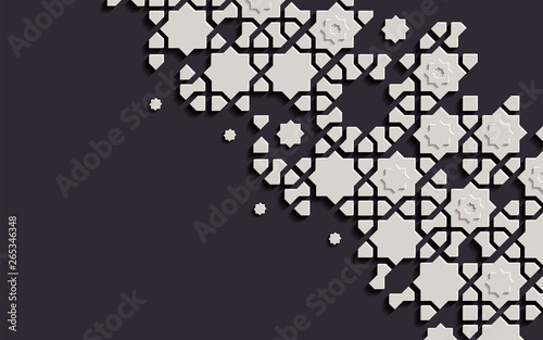 Arabic arabesque design greeting card for Ramadan Kareem, Islamic ornamental black and white detail of mosaic