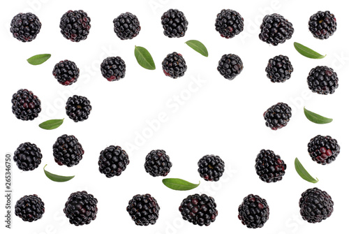 Blackberries isolated on white, top view, pattern