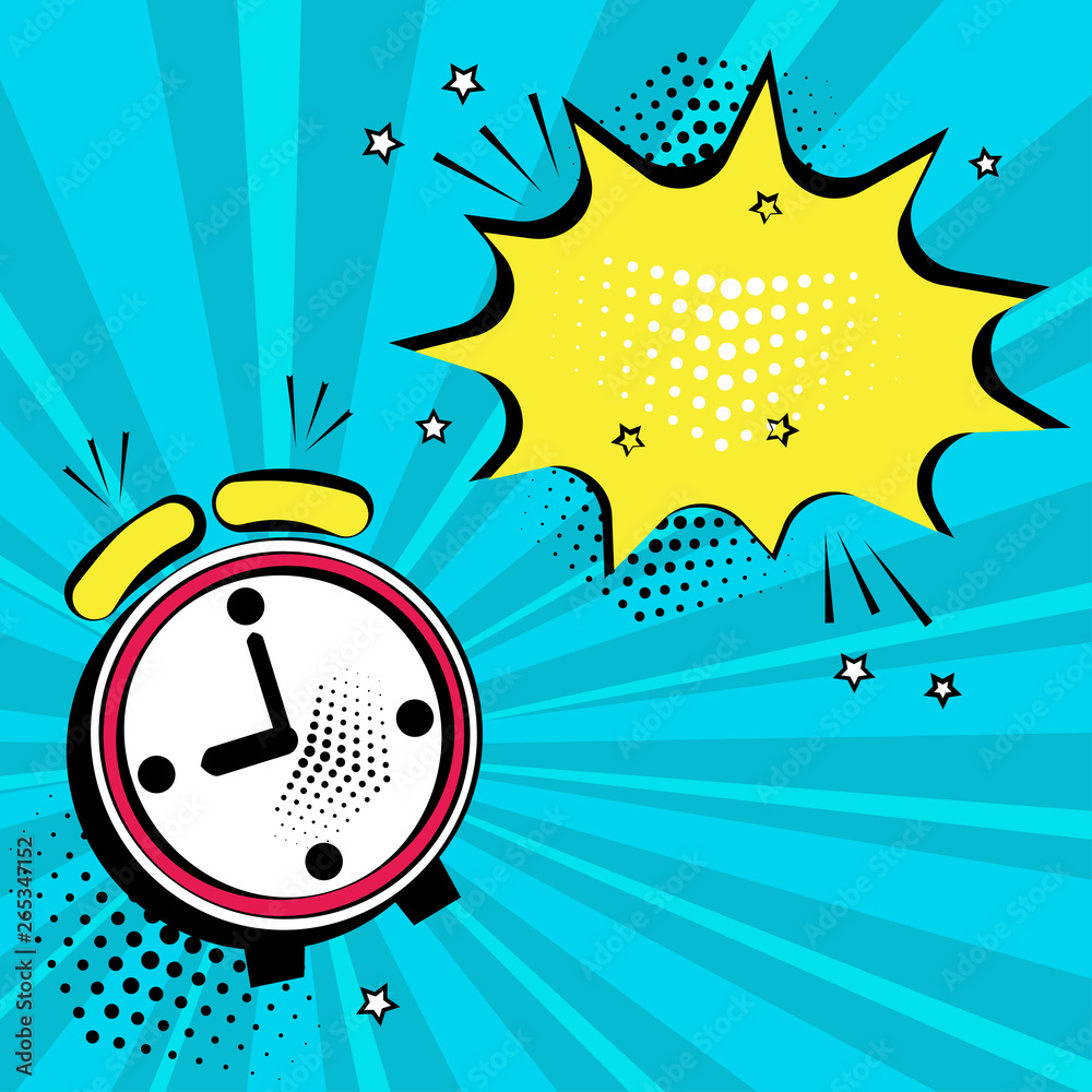 Alarm clock with yellow speech bubble for your text. Comic sound effects in  pop art style. Vector illustration. Stock Vector | Adobe Stock