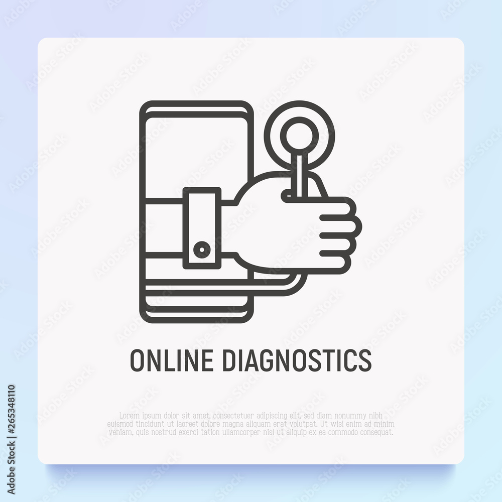 Online diagnostics thin line icon: hand with stethoscope from screen of smartphone. Modern vector illustration of online medical consultant. Online diagnostics thin line icon: hand with stethoscope from screen of smartphone. Modern vector illustration of online medical consultant.