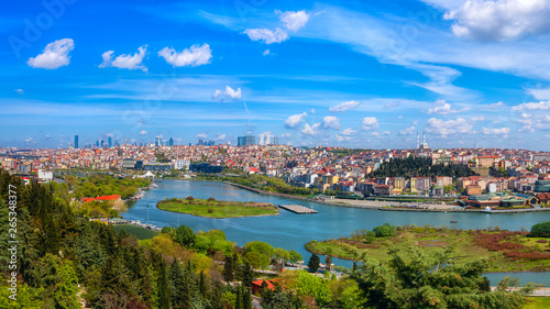 Panoramic view of Istanbul from Pierre Loti Hill (Tepesi). Beautiful day time cityscape with Golden Horn bay, buildings and blue sky with clouds, Turkey. Travel background for wallpaper or guide book