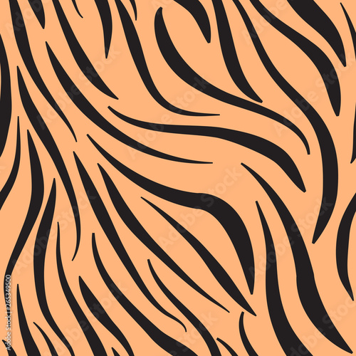 Seamless animalistic print, black and orange, imitates the skin of a tiger.