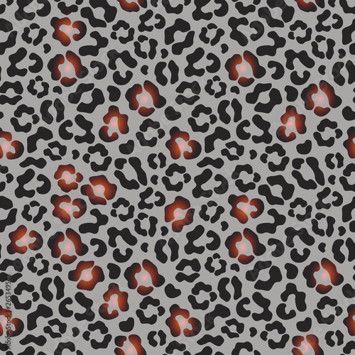 Beautiful animalistic seamless pattern of black and bright brown spots, on a gray background, leopard, vector.