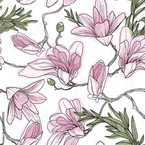 Seamless vector pattern with magnolia flowers. Floral fashion print.
