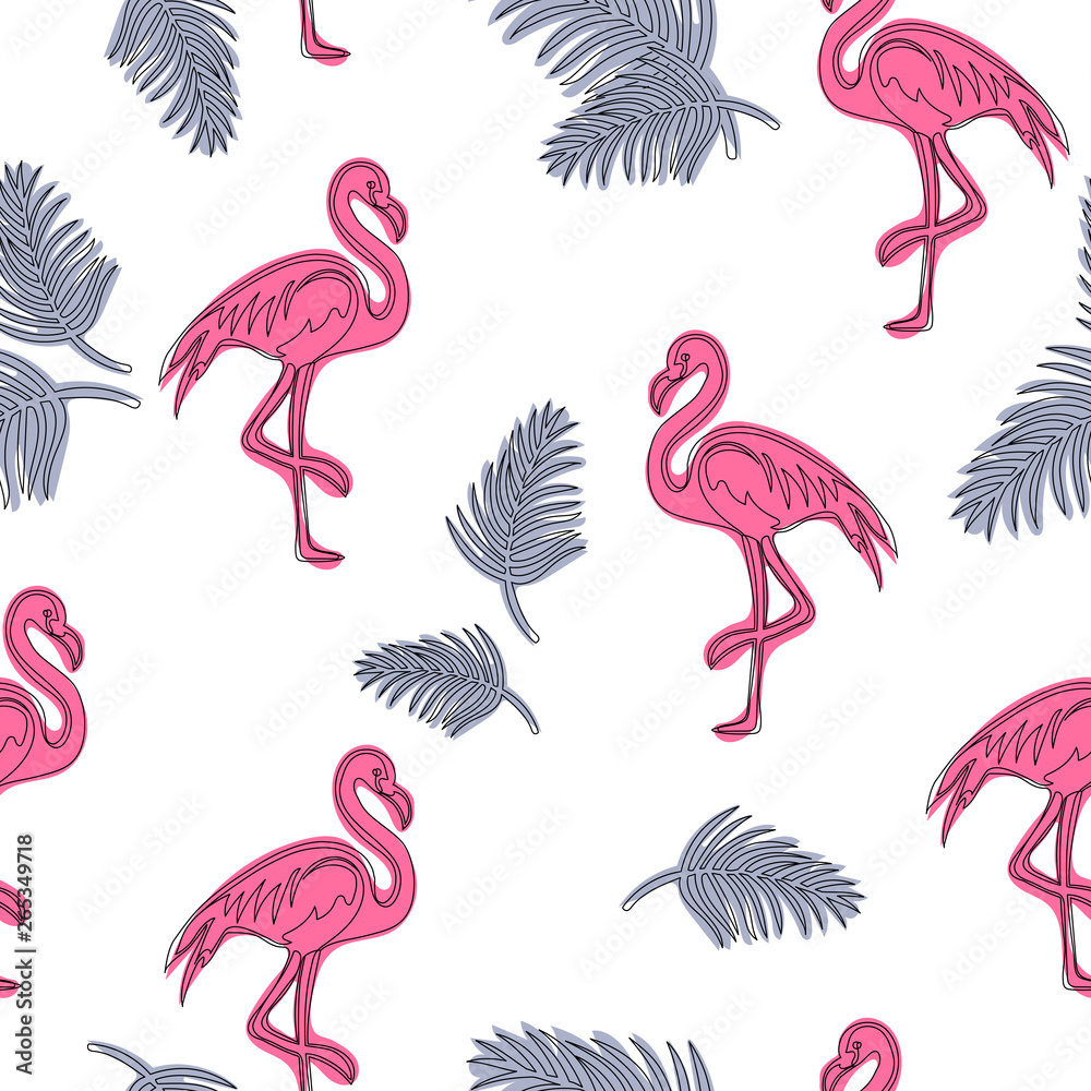 Obraz premium Seamless tropical pattern with flamingos and tropical leaves. Vector summer illustration of a flamingo for kids, textiles, background, nursery, birthday
