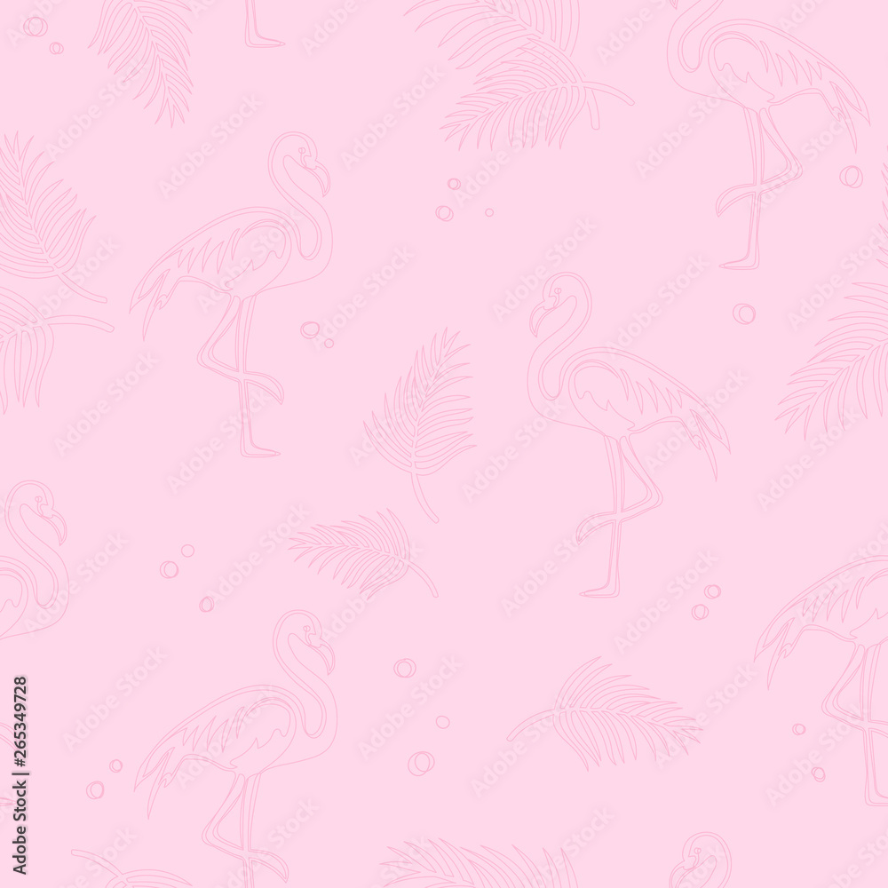 Tropical seamless pattern with flamingo and leaves. Soft summer background. Exotic hand drawn illustration
