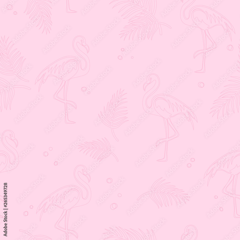 Tropical seamless pattern with flamingo and leaves. Soft summer background. Exotic hand drawn illustration Tropical seamless pattern with flamingo and leaves. Soft summer background. Exotic hand drawn illustration