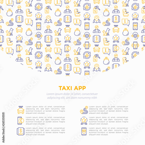 Taxi app concept with thin line icons: payment method, promocode, app settings, info, support service, phone number, pointer, route, destination, airport transfer, baby seat. Vector illustration.