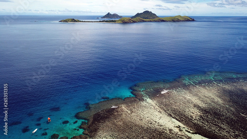 Aerial View of Mamanucas islands in Fiji with beautiful coral reef, by DJI Mavic Drone photo