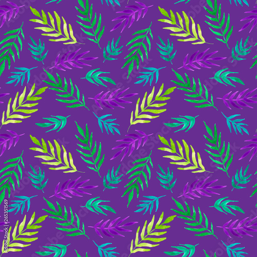 Tropical print. Watercolor seamless pattern with colorful tropical leaves