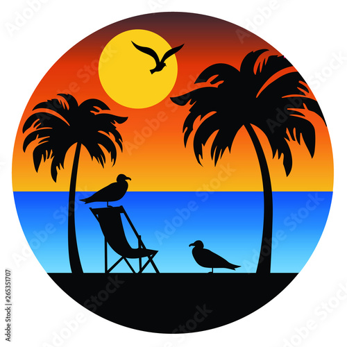 palm trees and seagulls with sunset