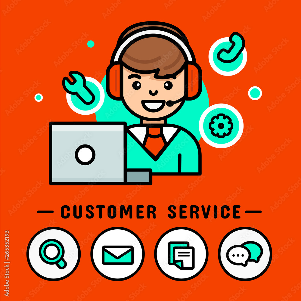 Operator man with headphones. Call center vector, modern vector design banner Operator man with headphones. Call center vector, modern vector design banner
