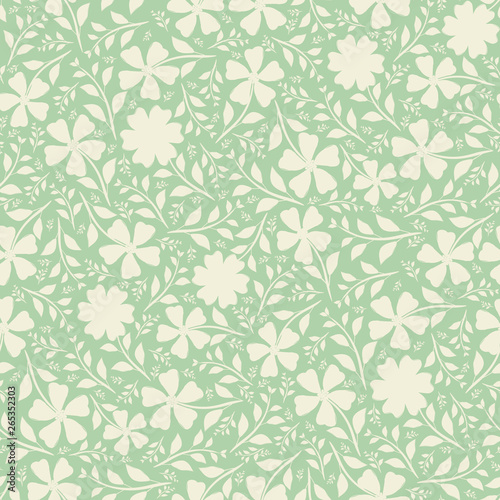 Cream hand drawn flowers in dense vintage duotone design. Seamless vector pattern on mint green background. Perfect for packaging, wellness products, fabric, stationery, gift wrap, texture