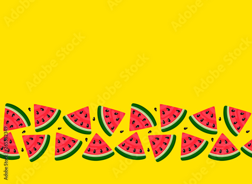 Slices of watermelon on a yellow background. Summer seamless texture with space for text. flat isolated vector illustration for web and print