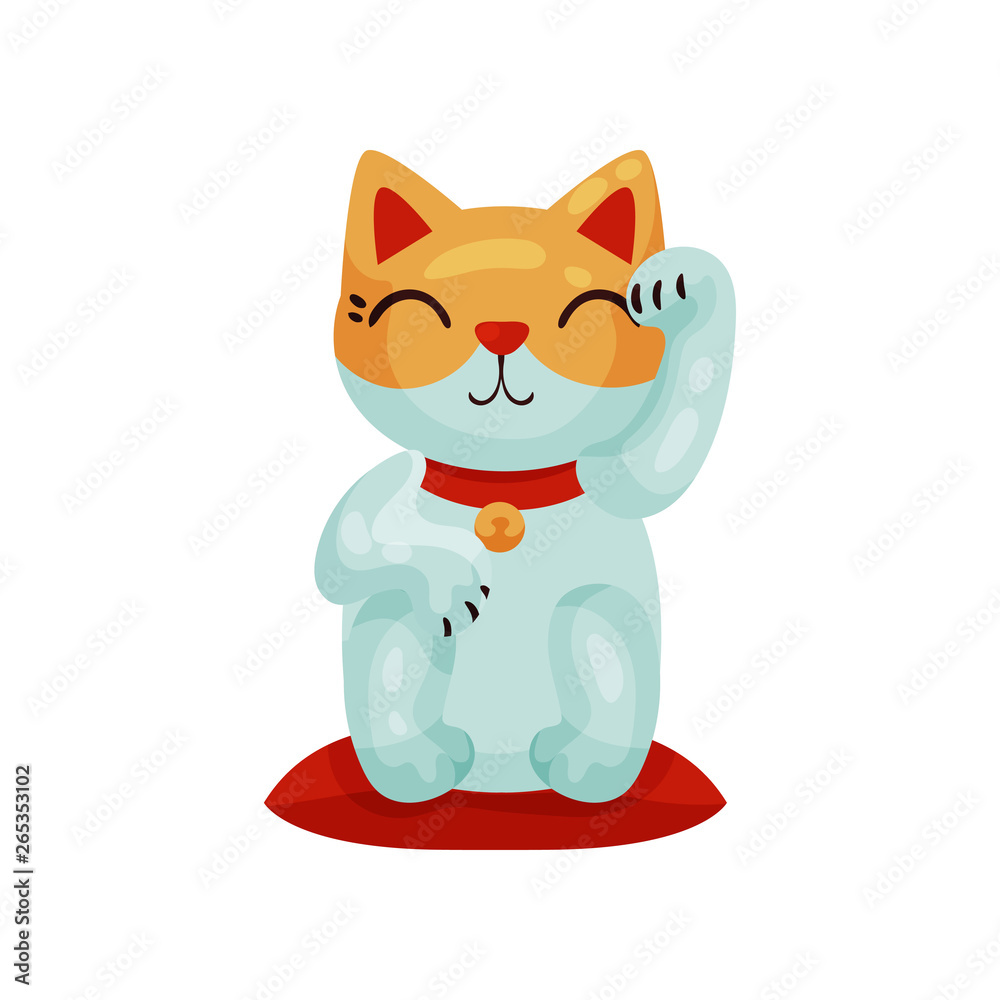 Maneki neko. Cute Japanese cat figurine. Vector illustration.