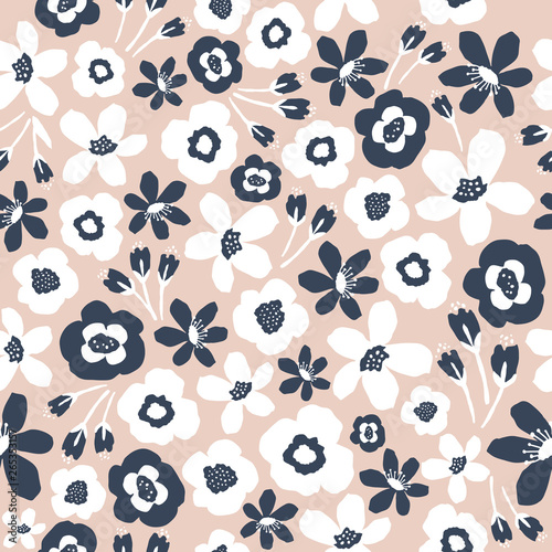 Seamless floral pattern. Hand drawn digital illustration. Nude colors with white and blue flowers. Trendy background for wrapping paper, textile and fabrics. Taupe fashion abstract decoration. 