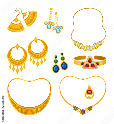 Set of images of gold jewelry with precious stones. Vector illustration.