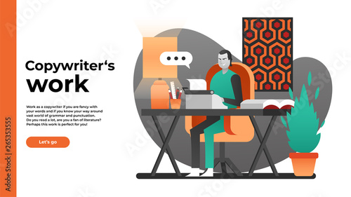 Copywriter business worker at the office writing articles typewriter typography typo book autor flat art vector modern design icon