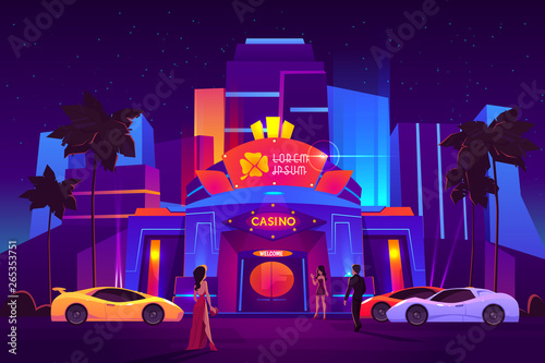 Luxury casino entrance in tropical resort city cartoon vector. Man in business suit, women in evening dresses arriving to brightly illuminated night, gambling club on expensive sport cars illustration