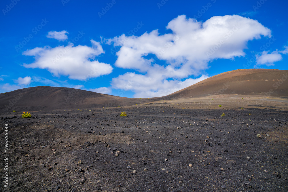 Spain, Lanzarote, Black volcanic mountains covered by some green plants under blue sky Spain, Lanzarote, Black volcanic mountains covered by some green plants under blue sky