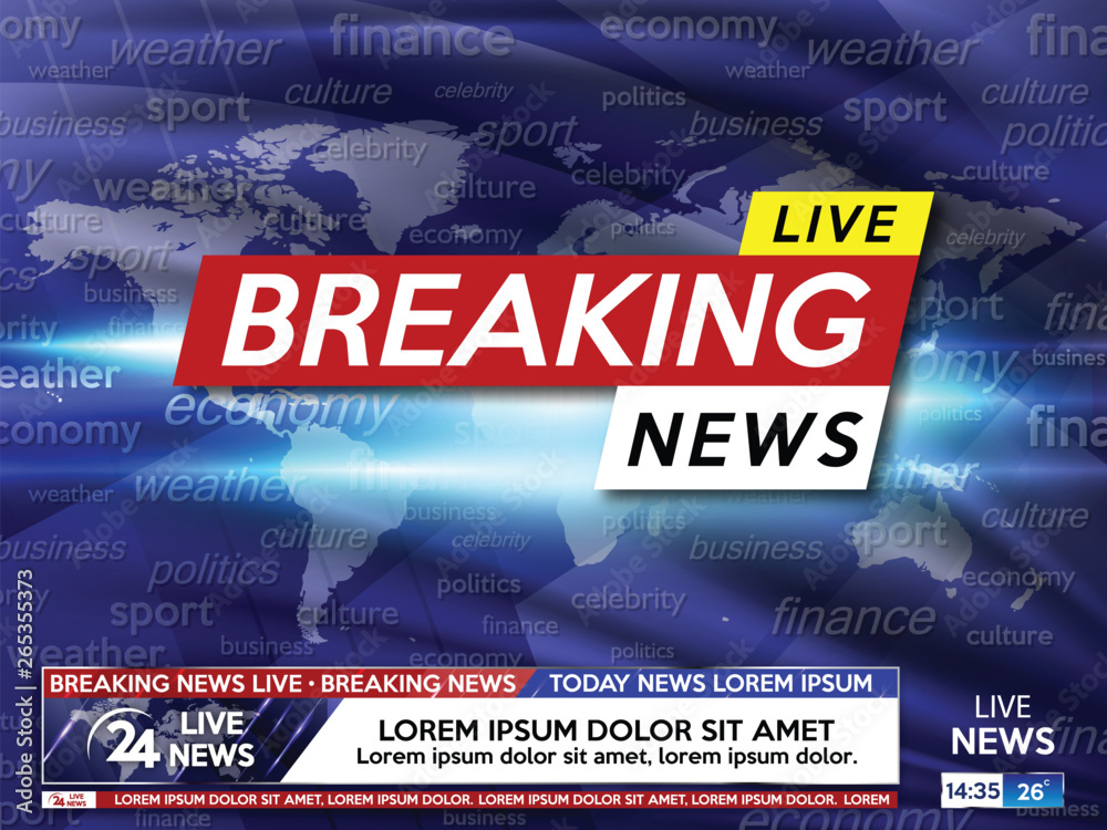 Screen saver on breaking news background. Urgent news release on  television. Breaking news live on world map background. Stock Vector