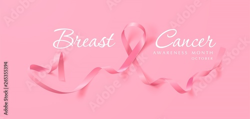 Breast Cancer Awareness Calligraphy Poster Design. Realistic Pink Ribbon. October is Cancer Awareness Month. Vector Illustration