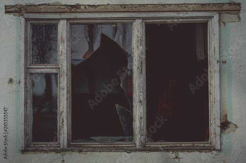 Obraz na plátne Window with broken glass in old building Wooden window frame with partially brok
