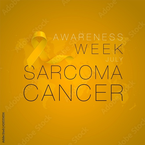 Sarcoma and Bone Cancer Awareness Calligraphy Poster Design. Realistic Yellow Ribbon. July is Cancer Awareness Month. Vector