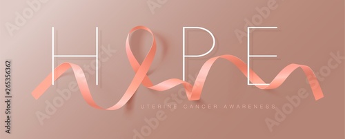 Hope. Uterine Cancer Awareness Calligraphy Poster Design. Realistic Peach Ribbon. September is Cancer Awareness Month. Vector Illustration