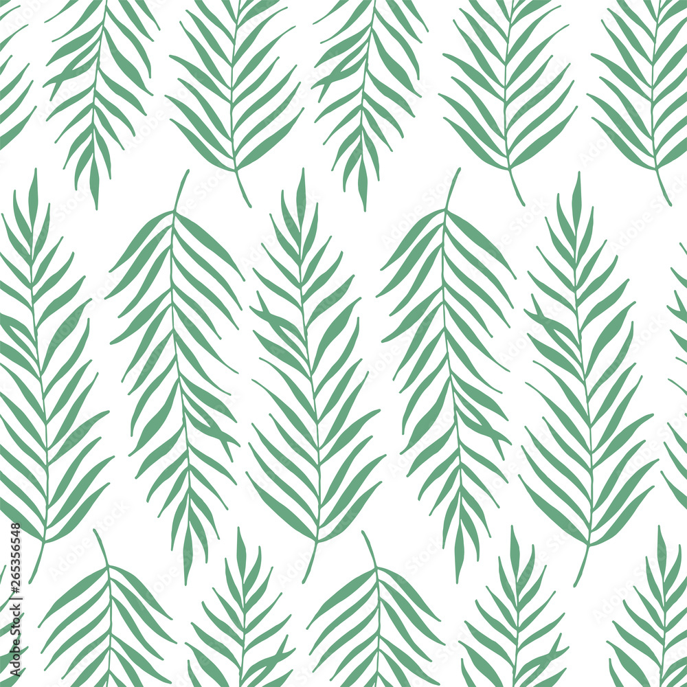 Seamless pattern. Vector hand drawn illustration. Hello summer. Design composition with typography elements. Perfect for print design for textile, poster, greeting card. palm leaves, foliage, tropical