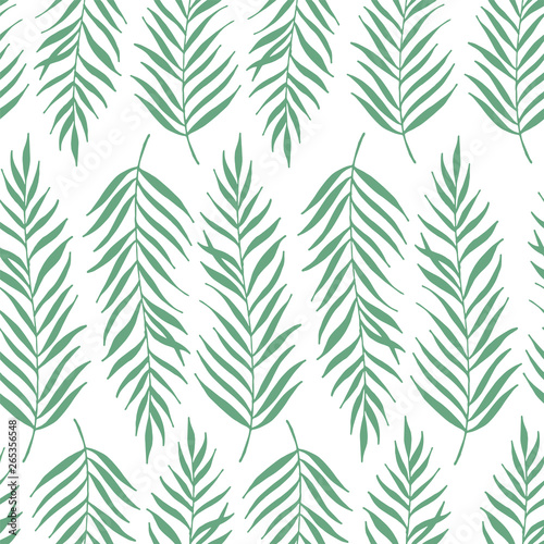 Seamless pattern. Vector hand drawn illustration. Hello summer. Design composition with typography elements. Perfect for print design for textile  poster  greeting card. palm leaves  foliage  tropical