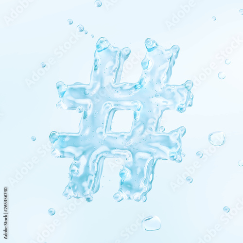 Water splash with water droplets in the form of fluid hashtag sign from water alphabet, isolated on light background. Liquid hashtag fluid design element. Water font concept. 3D render
