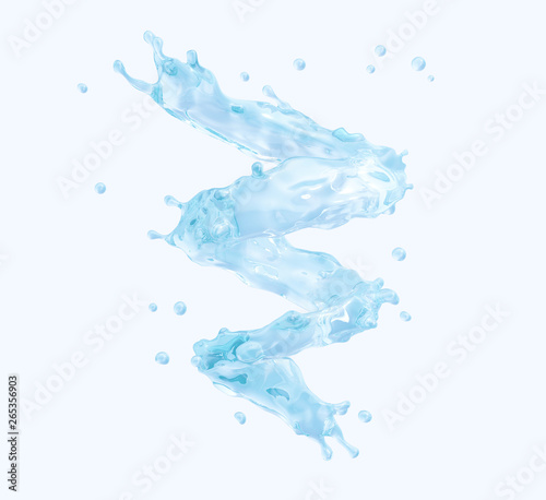 Fresh pure water swirl splash. Clean transparent water liquid wave in spiral  form isolated on white.  Healthy drink fluid splash, hydration or saving water ecology concept. 3D render