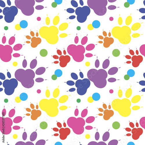 Paw background. Seamless colored pattern silhouettes of paw, cat's feet, dog's footprint. Multicolor on a white background. 