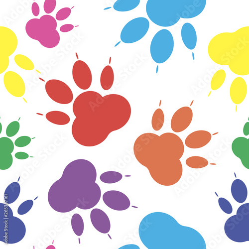 Paw background. Seamless colored pattern silhouettes of paw, cat's feet, dog's footprint. Multicolor on a white background. 